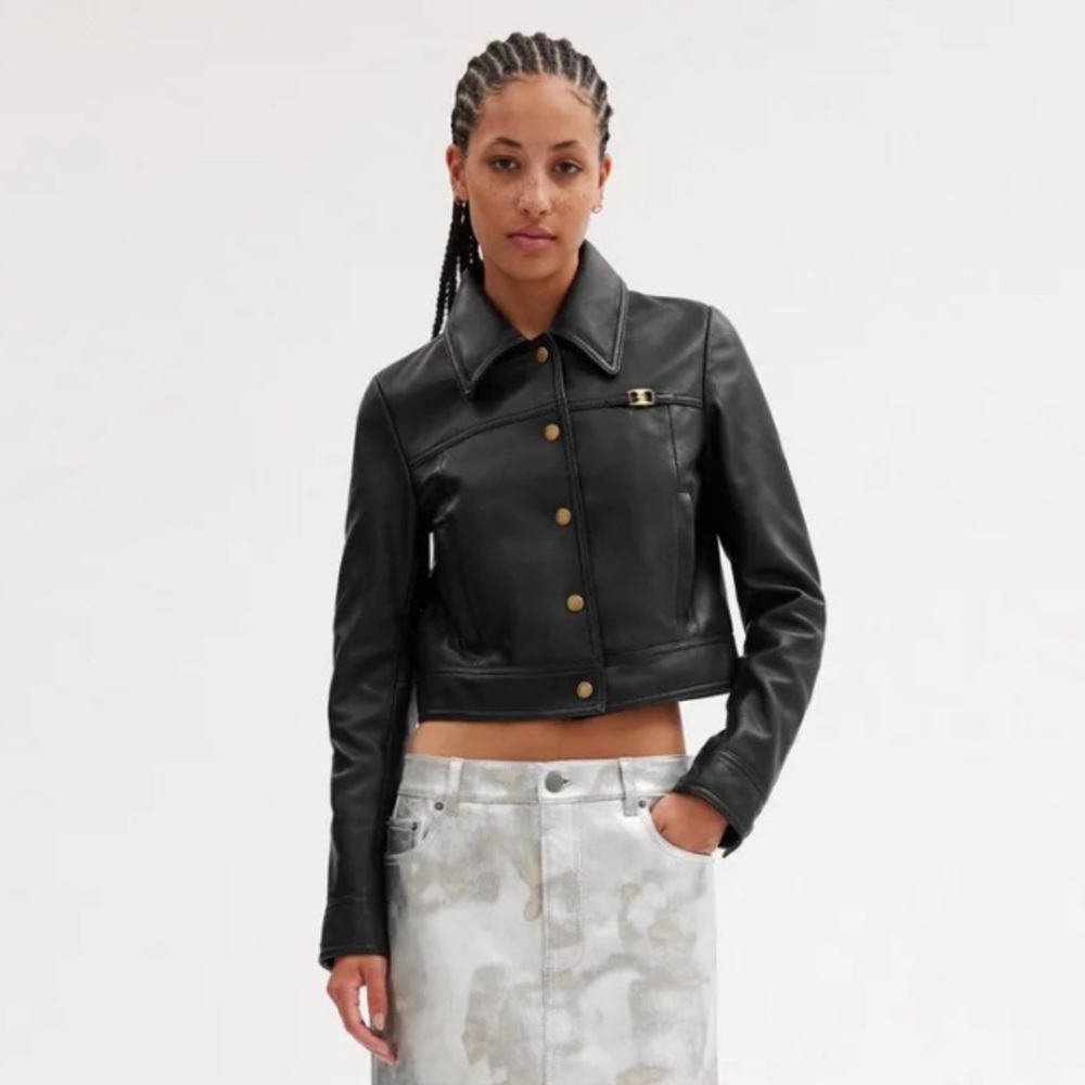 Coach C Heritage Leather Cropped Jacket with Snap Front NEW XS